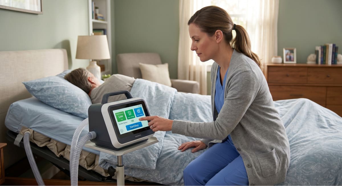 Caregiver easily adjusting the quiet digital control pump of a medical air mattress in a bedroom.
