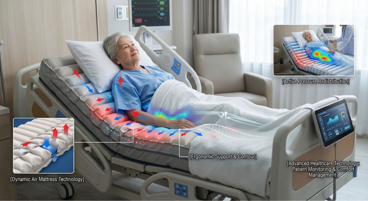 Dynamic medical air mattress demonstrating pressure redistribution and envelopment for bedbound patients.