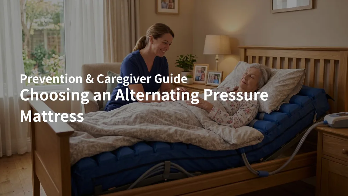 Caregiver gently assisting an elderly patient on an alternating pressure mattress, reducing caregiver workload and helping prevent pressure injuries.