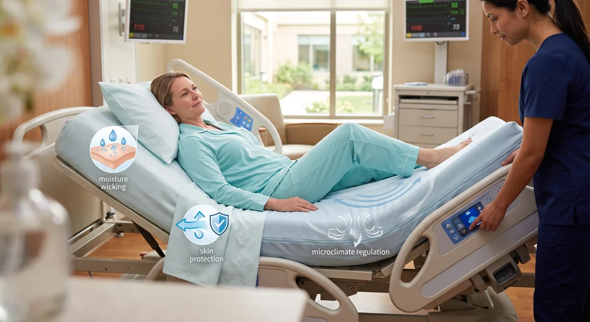 Low air loss technology mattress demonstrating moisture wicking and temperature regulation for optimal patient skin care.