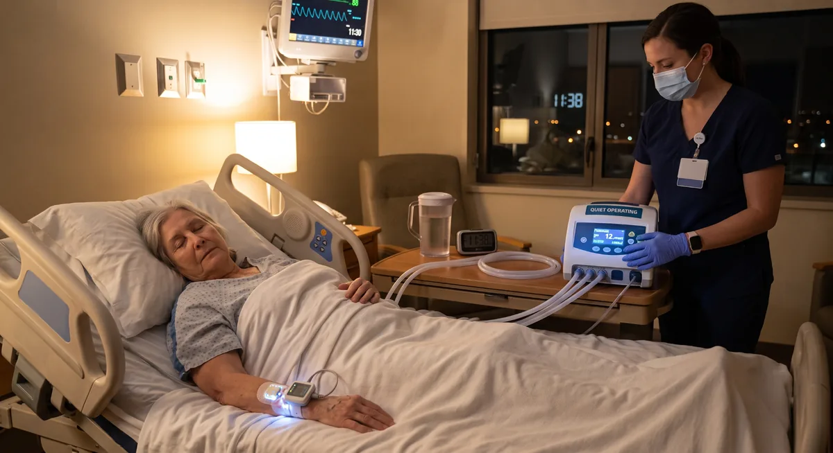 Quiet medical air pump for an alternating pressure mattress placed on a stable surface, supporting uninterrupted patient sleep.