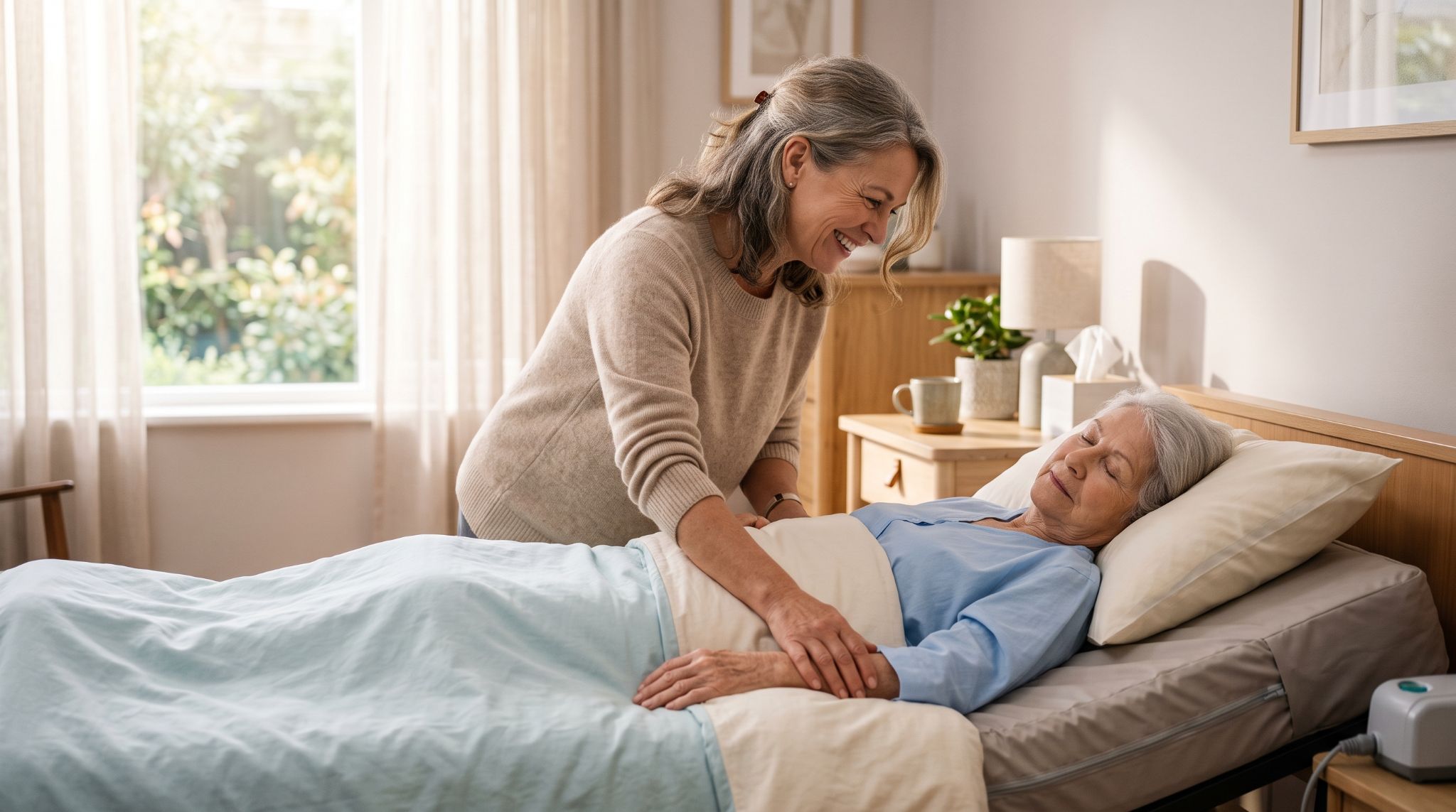 A caregiver gently adjusts a medical air mattress for an elderly loved one in a bright home care setting